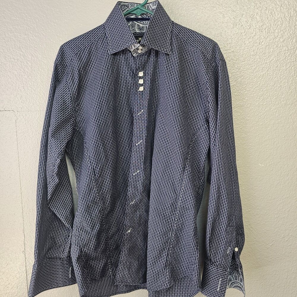 Bertigo Men Sz 4 Blue Geometric Button Front Shirt Paisley Trim 100% Cotton M217